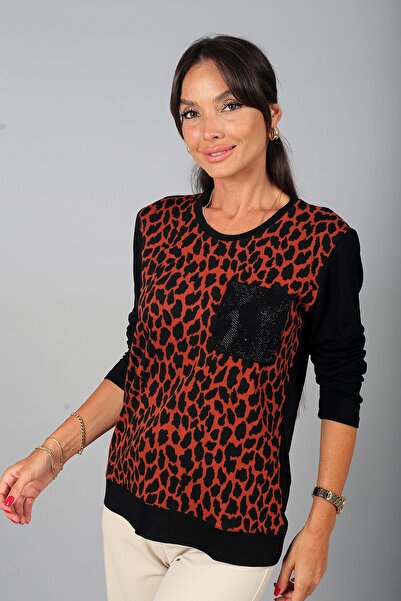 By Saygı Women's Leopard Patterned Round Neck Long Sleeve Blouse