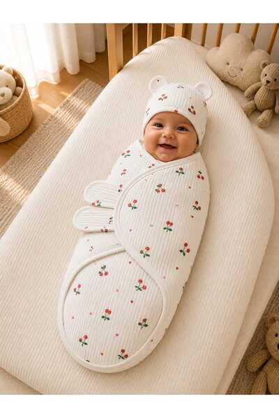 KUZENLER BEBE KIZ BEBEK KİRAZLI %100 PAMUKLU CIRT CIRTLI ŞAPKALI KUNDAK 0-3 A...