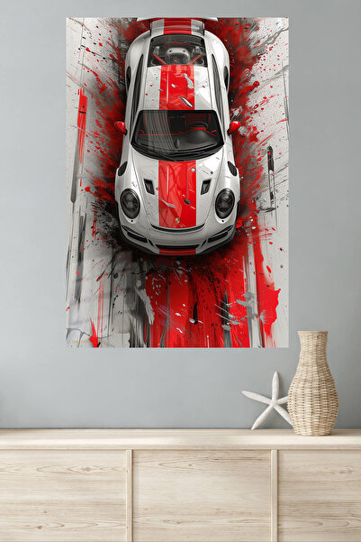 Emesa Art White Sports Car Red Stripe Metal Wall Art