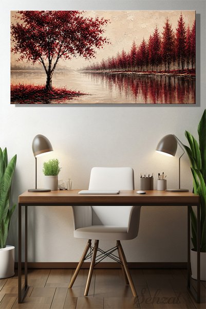 Şehzat Panoramik Yatay Kanvas Duvar Tablosu Salon Yatak Odası Ofis Bordo Ağaç...