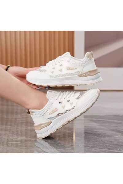 dorbe Women's White Cutout Mesh Lace-Up Sneakers