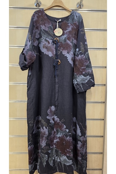 Park Moda Italian Linen Dress Floral Pattern Long Sleeves