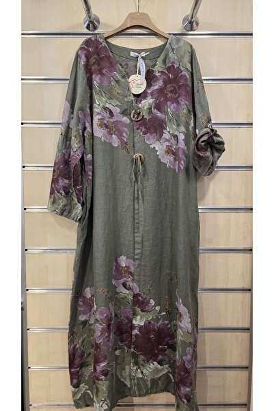 Park Moda Italian Linen Dress Floral Pattern Long Sleeves