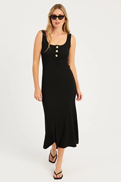 CARLA MARA Women's Black Button Detailed Camisole Maxi Dress Ey2759