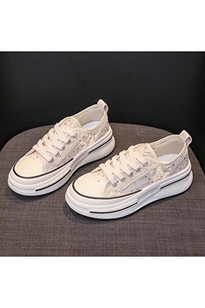 dorbe Women's Beige Floral Lace-Up Sneakers