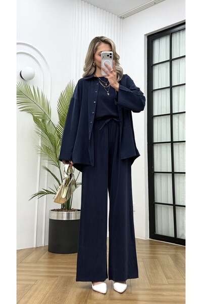 R-Style Tencel Gabardin Gömlek Bluz Pantolon 3'lü Takım