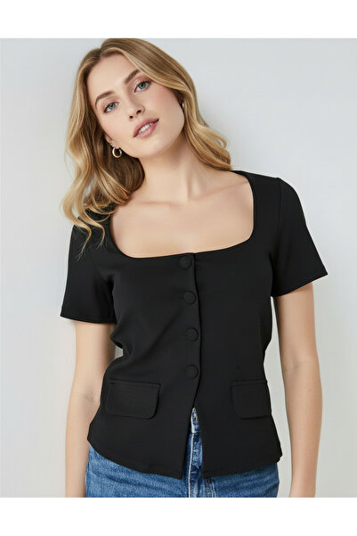 Merlot Square Collar Buttoned Black Blouse with Pocket Detail
