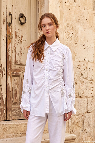 Ceremony Paper Touch Blouse with Gathered Front and Bead Detail 141 White