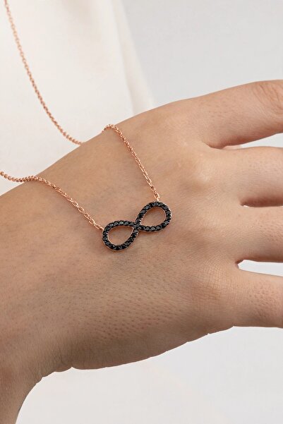 Söğütlü Silver 925 Ayar Gümüş Kolye Rose Siyah Taşlı Sonsuzluk Kadın Kolye SG...