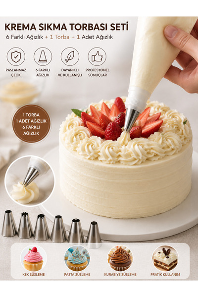 KEA Krema Sıkma Torbası 6’lı Duy Seti – Pasta Kek Kurabiye Süsleme Torbası + ...