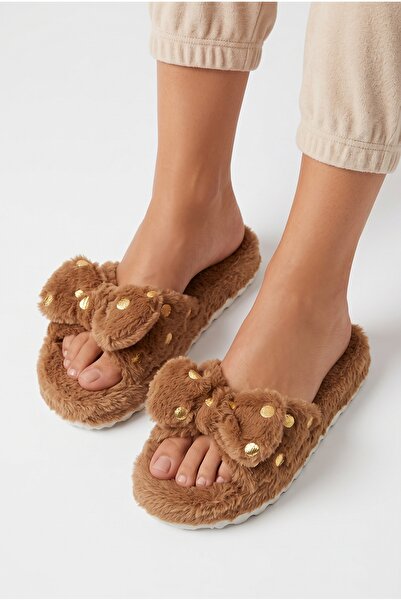 StWenn Women's Fluffy Plush Slippers with Bow, Gold Sequins, Open Toe, Soft S...