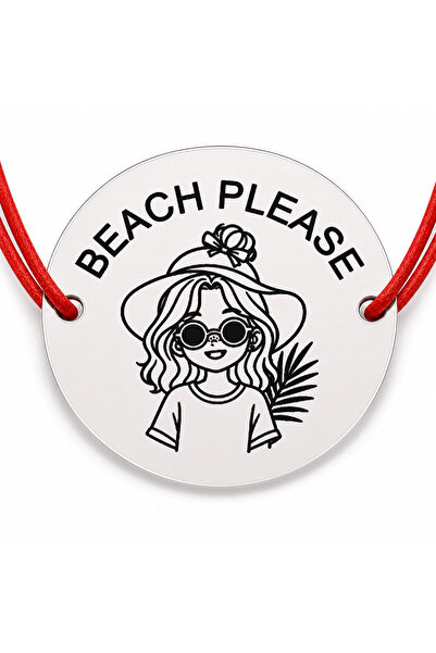 Simoshop Bratara argint 925 cu banut gravat BEACH PLEASE, snur rosu reglabil,...