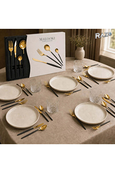 Razo Set de tacâmuri, 24 de piese din inox pentru 6 persoane, negru cu auriu