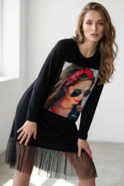 OEM Rochie casual cu imprimeu modern, portret feminin, maneci lungi si volan ...