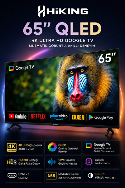 ROBO Hiking Serisi 65 inç 165 Ekran 4K Ultra HD Uydu Alıcılı Smart QLED Googl...