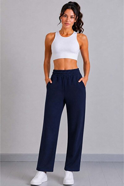 Sortie Women's High Waist Elastic Pocketed Straight Leg Cotton Sweatpants Nav...
