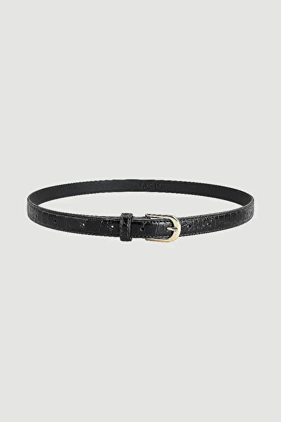 Gusto Kroka Patterned Thin Faux Leather Belt - Black