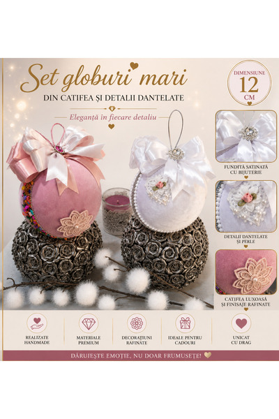Generic Brand Set globuri mari decorative din catifea alb perlat&roz pudra