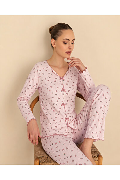 RAPAPA Women's Floral Patterned Bow Detailed Long Sleeve Pajama Set 45990