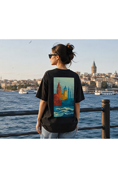 İstanbul Temalı Oversize Unisex Siyah Tişört Galata Kulesi Boğaz Baskılı