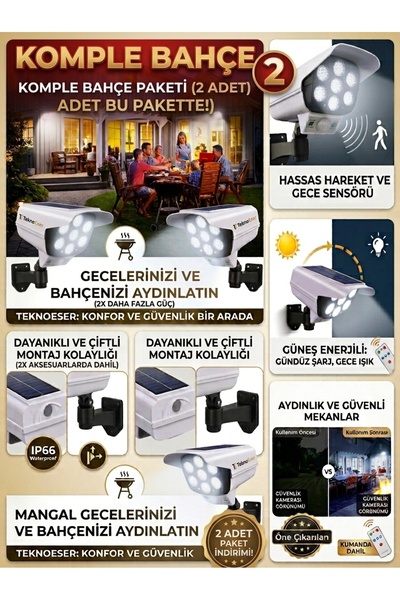 TeknoEser 2 Adet Güneş Enerjili Kamera Görünümlü LED Bahçe Aydınlatması Sensö...