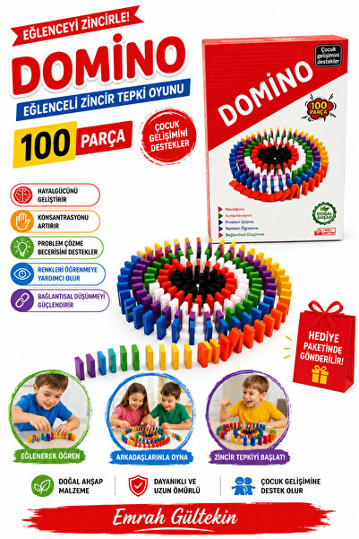Emrah Gültekin Wooden Domino Game 100 Pieces Colorful Educational Intelligenc...
