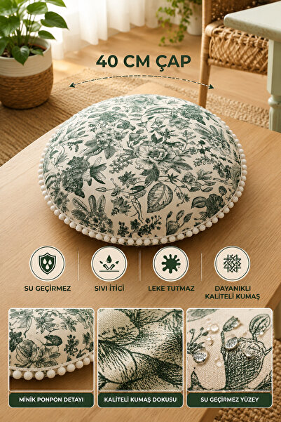 Rona Home Πράσινο λουλουδάτο στρογγυλό μαξιλάρι με σχέδιο Toile De Jouy 40 εκ...