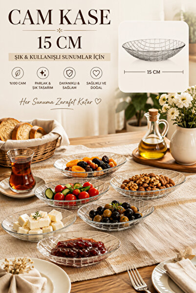 Porsima Vivaldi 4474 6'lı Oval Cam Kase Seti 15 cm – Baklava Desenli Çerezlik, Reçellik ve Kahvaltılık