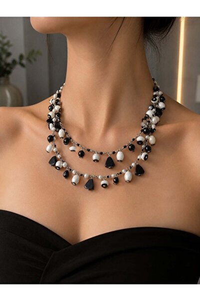 MARE BUTİK Black and White Beaded Multi-Row Necklace