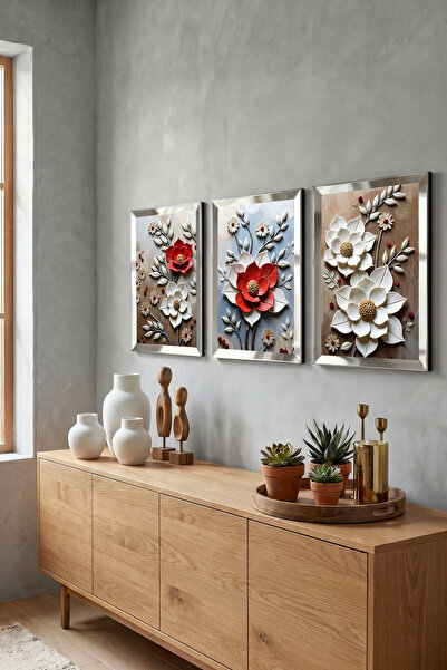 Luna Concept Gümüş Çerceveli 3 Parça Relief Efektli Aynalı Pleksi Duvar Dekor Tablosu