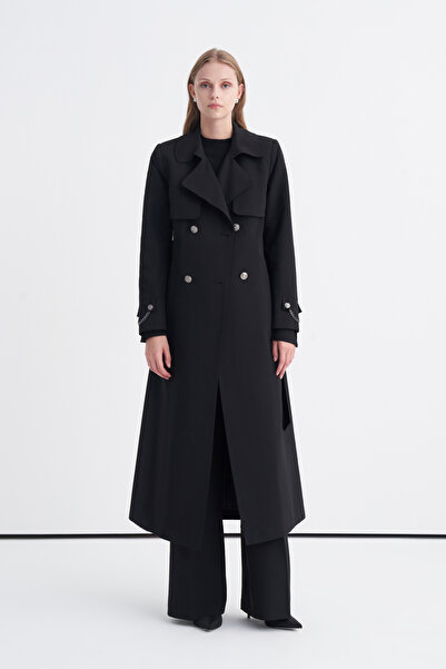 Zühre Black Trench Coat with Chain Accessory Detail and Belt 13560