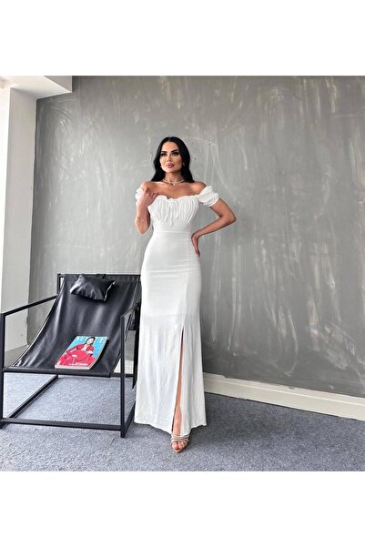 NEW JOURNAL Women's White Madonna Collar Slit Maxi Dress Yel221445