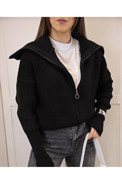 İLMERA Kadın siyah fermuarlı devrik yaka triko hırka oversize crop örgü ceket