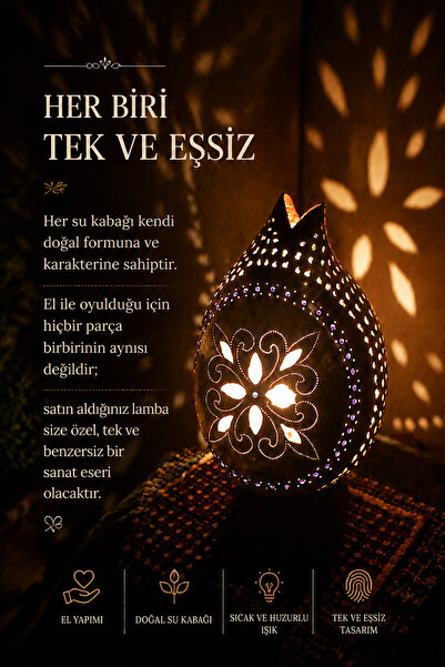 Loresia Her Biri Tek ve Eşsiz El Yapımı Su Kabağı Lamba | Doğal Oyma Dekorati...