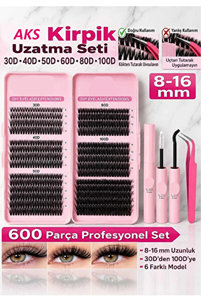 aks kozmetik DIY Kirpik - Takma Kirpik 600 Adet Kirpik Seti Kitap Model 30-40-50-60-80-100 D Farklı Boylar