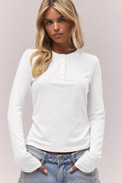 Tarz Cool Women's Buttoned Crew Neck Long Sleeve Slim Fit Cotton T-Shirt