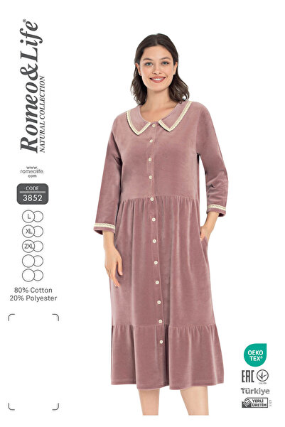 ROMEO LİFE Women's Buttoned Cotton Blend Velvet Dress / Dusty Rose 3852