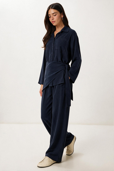 Lovelyİstanbul Scarf Detailed Gabardine Shirt and Trousers Set Lby0070 Dark Blue