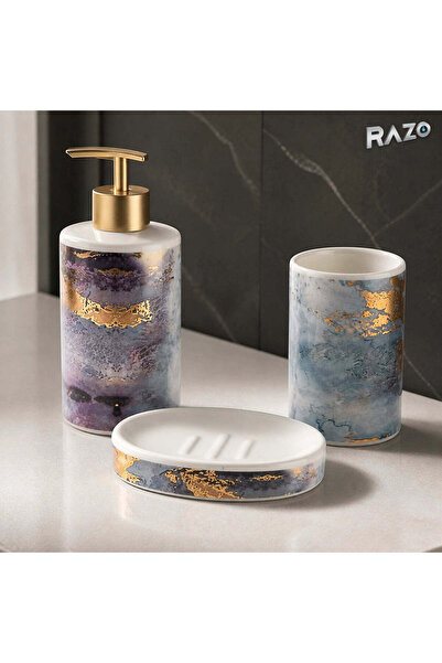 Razo Set de baie 3 piese din porțelan, gri cu auriu