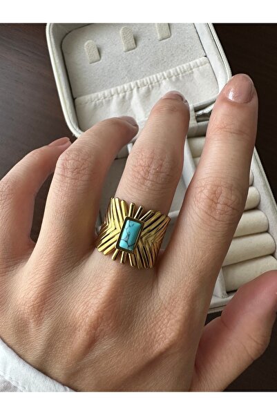 ringbox Gold Steel Anti-Tarnish Fishbone Turquoise Stone Ring