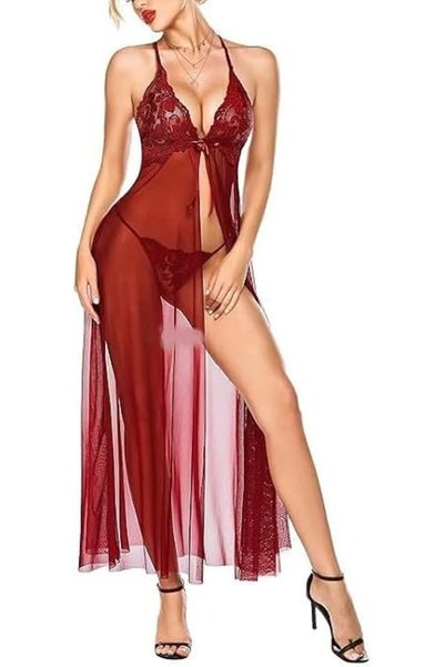 GENERAL Mesh Long Slit Lingerie Dress for Women, Sexy and Elegant Design Babydoll Outfits, X Side Slit Nightgown