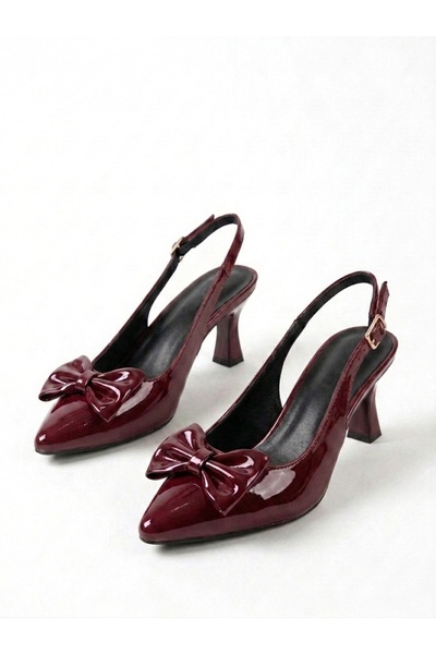 Nubbock Women's Burgundy Patent Leather Bowtie 7cm Heeled Shoes Nk3214