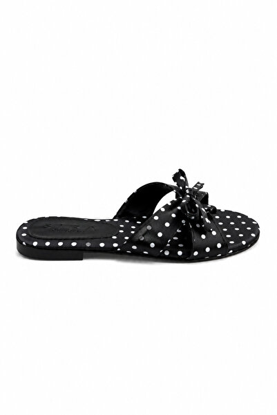 Sira Official Polina Black Polka Dot Patterned Satin Slippers with Bow
