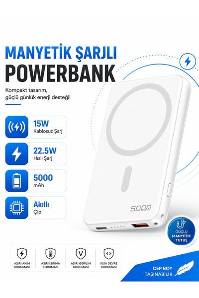 Moxti Manyetik Şarjlı Powerbank 5000 mAh 22.5W Hızlı Şarj 15W Kablosuz Şarj M...