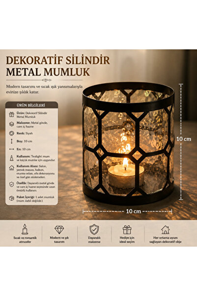 Atak Hediyelik Dekoratif Silindir Metal Cam Mumluk – Siyah – 10x10 cm