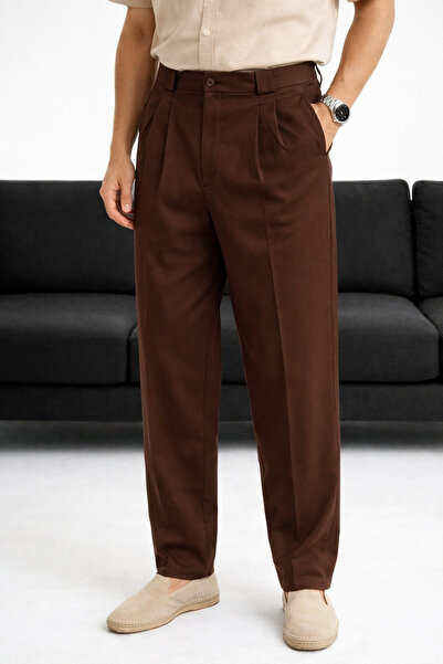 urban wear URBAN ERKEK KAHVE Çift Pileli İtalyan Kesim Kumaş Pantolon -2624