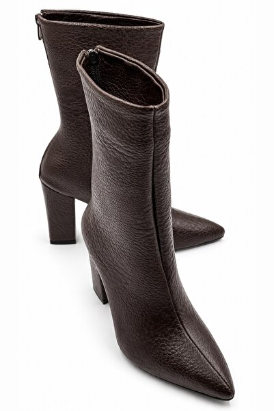 İX Fest Women's Special Textured Wrinkled Leather Pointed Toe Thick Heeled St...