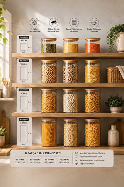 Porsima 12'li Bambu Ahşap Kapaklı Borosilikat Cam Kavanoz Seti – Erzak & Baharatlık Seti 2100 ml, 1650 ml, 1300 ml, 750 ml