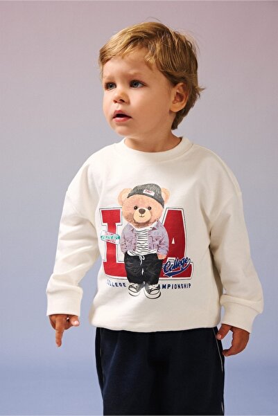 DeFacto %100 Pamuk Oversıze Bisiklet Yaka Ayıcık Baskılı Sweatshirt Kumaşı Sw...