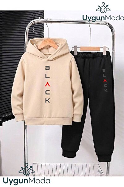 UygunModa Black Yazi Printed Hooded Thick Cotton Inside Padding Tracksuit wit...